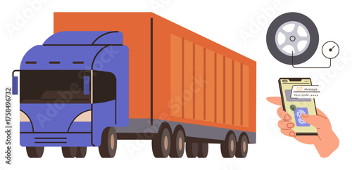 Cargo truck with app-connected tire pressure monitoring, mobile device in hand, signaling remote diagnostics. Ideal for logistics, transportation, technology, efficiency, fleet management