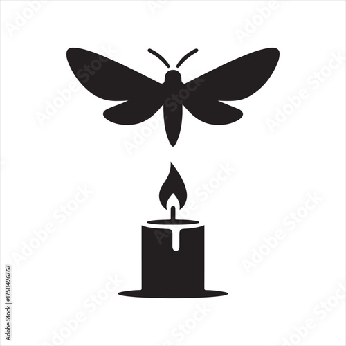 Moth flying toward candle flame vector silhouette clip art icons set collection
