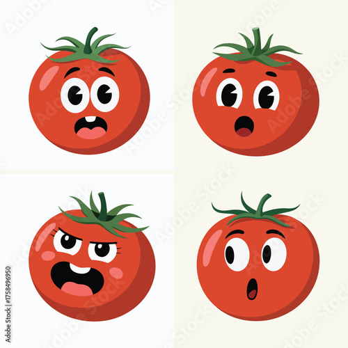 Four cartoon tomatoes with different funny facial expressions and emotions