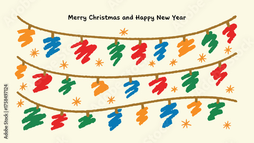 Merry christmas and happy new year with colorful string lights and stars
