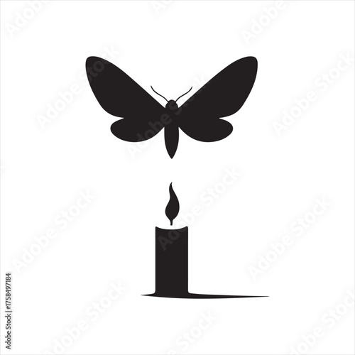Moth flying toward candle flame vector silhouette clip art icons set collection
