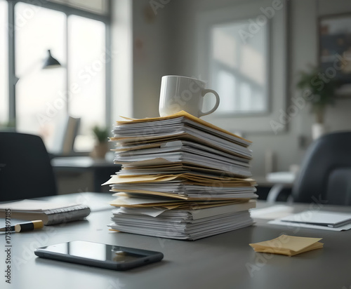 Stack of Paperwork and Documents on an Office Desk