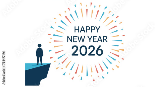 Person on cliff edge welcoming happy new year 2026 celebration