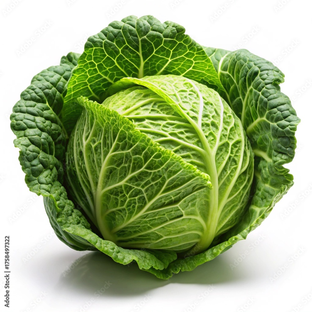 Fototapeta premium Fresh Green Savoy Cabbage Head on White Background
