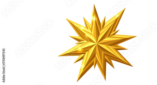 A brilliant, three-dimensional golden star with many sharp points, isolated on a clean white background.