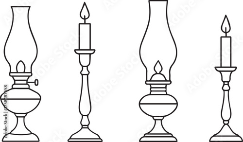 Vintage candle and oil lamp set isolated on white background collection of antique lighting devices retro kerosene lantern and candlestick vector illustration
