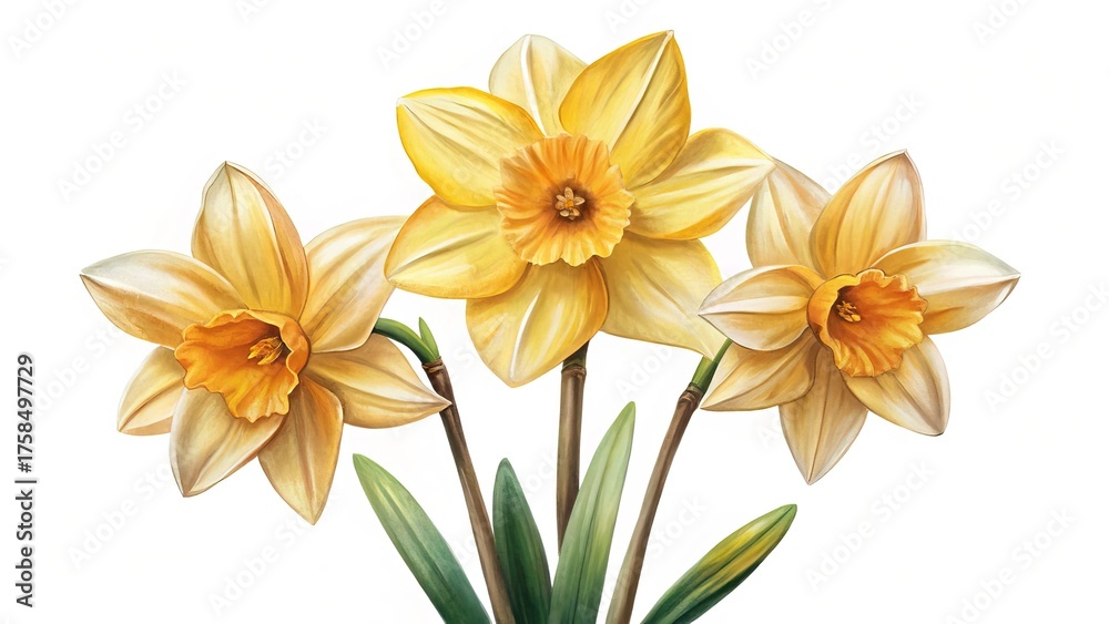 Obraz premium Beautiful watercolor painting of three yellow daffodils against a white background