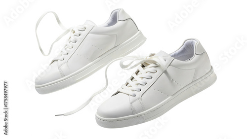 Pair of white leather sneakers isolated on transparent background