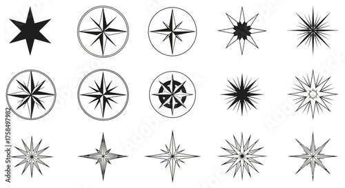 Collection of various star and compass rose designs in black and white, showcasing different styles and complexities.