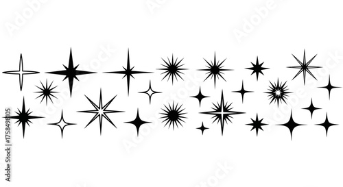 A collection of diverse black starburst and sparkle graphic elements on a white background.