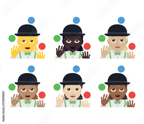 juggler person entertainer entertainment circus clown fun joy bowler hat juggling balls emoji symbol sign icon vector illustration isolated flat woman female women