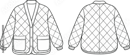 Quilted jacket front back view, diamond stitch pattern, ribbed cuffs hem, patch pockets, button closure, fashion flat sketch, cad drawing flat vector illustration