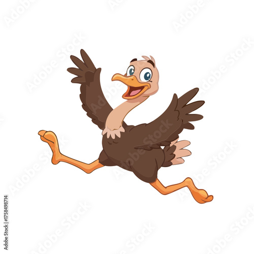 Cartoon ostrich running happily with outstretched wings  