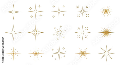 A collection of golden star and sparkle icons, featuring various designs for decorative graphic resources.