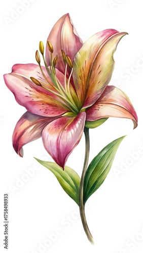Beautiful Watercolor Painting of a Single Lily Flower Blossom with Green Leaves