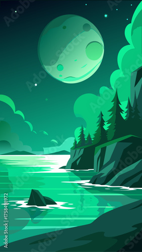 Stylized green moonlit landscape with a serene lake and rocky cliffs
