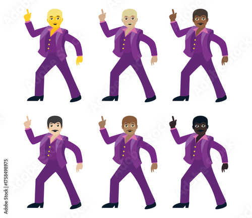 dancer man disco purple suit dancing dance men male 70s era finger in air emoji symbol sign icon vector illustration isolated flat