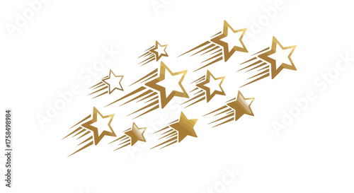 A dynamic cluster of golden shooting stars with motion trails isolated on a white background.