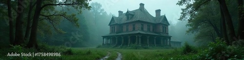 Mysterious Abandoned Victorian Mansion Shrouded in Mist Decaying Architecture, Forgotten Secrets, Eerie Atmosphere