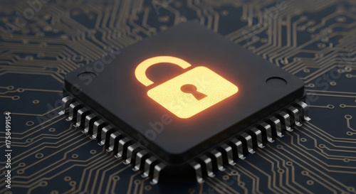 Illuminated open padlock icon on a microchip, set against a dark circuit board, symbolizing digital security vulnerability, data breach risks, and cybersecurity threats in modern technology