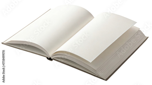 Open blank book with white pages isolated on transparent background