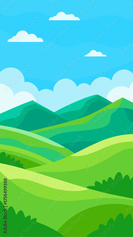 Obraz premium Vibrant green rolling hills under a bright blue sky with fluffy clouds