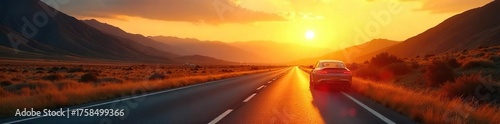 Golden Sunset Highway A lone car journeys along a scenic route, bathed in warm light, promising adventure and freedom.  The open road beckons, the destination unknown.