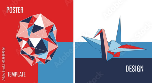Modern geometric poster design template with a low-poly crystal and origami crane.