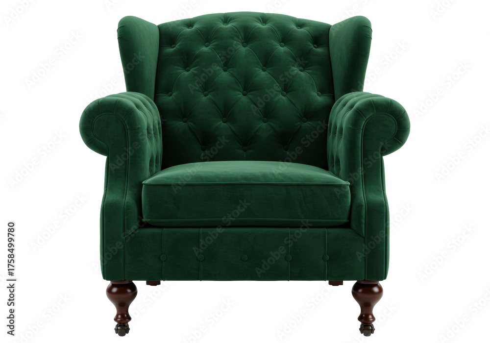 Fototapeta premium Isolated green velvet armchair, stylish living room furniture for comfortable sitting and decor
