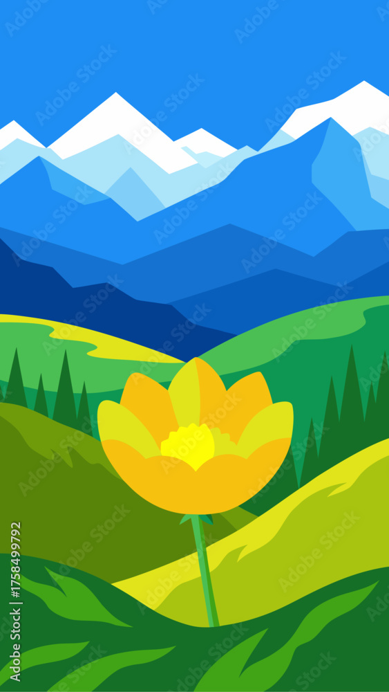 Obraz premium Stylized landscape with a large yellow flower in the foreground and blue mountains in the background