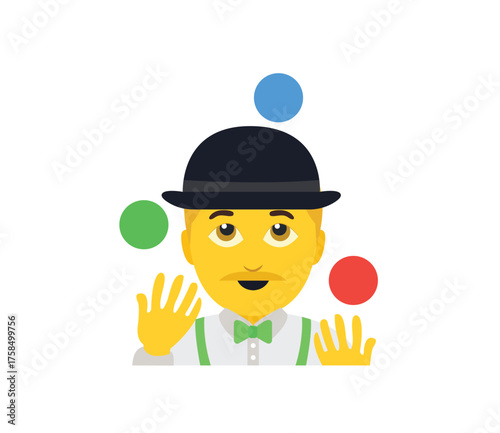 juggler man person entertainer entertainment circus clown fun joy bowler hat juggling balls emoji symbol sign icon vector illustration isolated flat