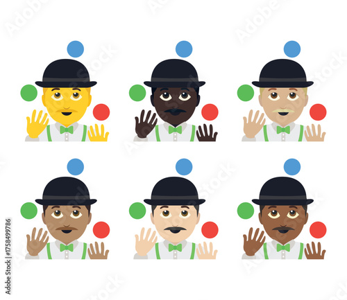 juggler man person entertainer entertainment circus clown fun joy bowler hat juggling balls emoji symbol sign icon vector illustration isolated flat