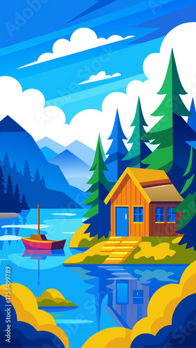 Idyllic lakeside cabin retreat with a sailboat in a stylized mountain landscape