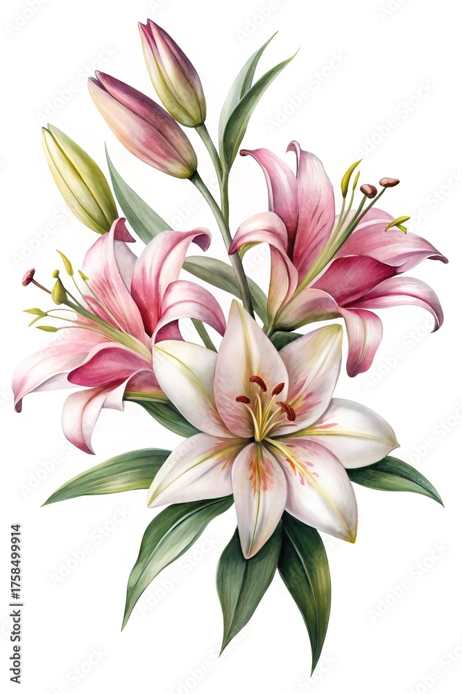 Naklejka premium Elegant Floral Still Life Featuring Pink and White Lilies on White Background