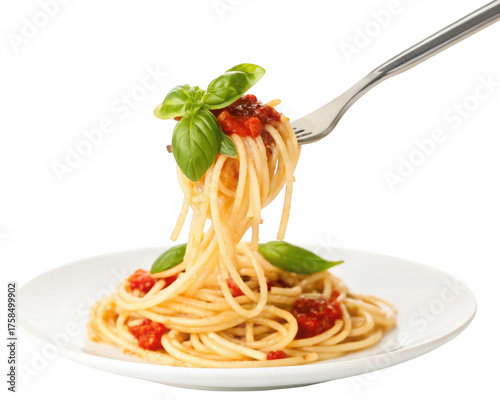 Spaghetti with tomato sauce and basil isolated on transparent background on fork