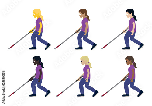 visually impaired blind person walking with a cane mobility aid woman women people walk emoji symbol sign icon vector illustration isolated flat