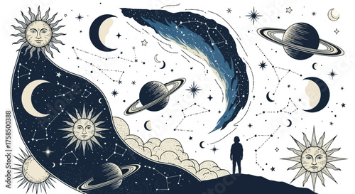 A celestial panorama unfolds, featuring stylized suns, moons, planets, and constellations, with a lone figure gazing into the cosmic expanse.