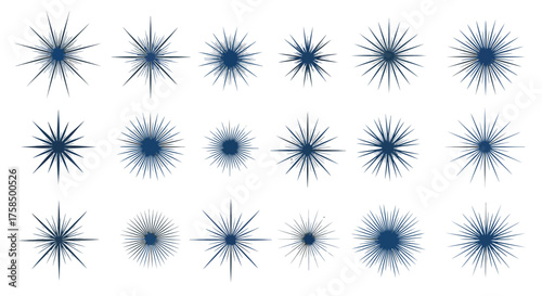 A diverse collection of eighteen blue starburst and sparkle vector icons on a white background.