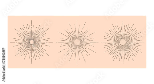 Three abstract sunburst patterns with radiating lines on a peach background.