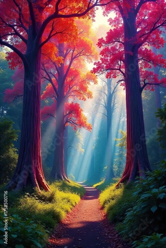 Vibrant Rainbow Eucalyptus Forest Surreal Sunlight Illuminates Lush Tropical Undergrowth