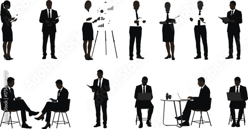 Professional business team silhouettes discussing strategy, teamwork collaboration, corporate 