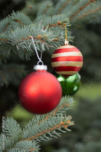 Close up of Christmas tree decorations. High quality photo
