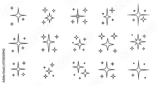 A collection of simple, stylized starburst and sparkle icons, presented in a grid layout on a white background.