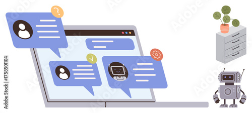 Laptop displaying chat messages with user profiles and chatbot response icons. Includes a small robot, plant, and filing cabinet. Ideal for AI communication, automation, technology, customer support