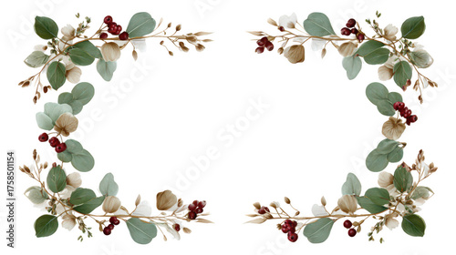 Elegant floral frame with natural vine and berry decoration. This border with green leaf and red berry at corner perfect for festive invitation design