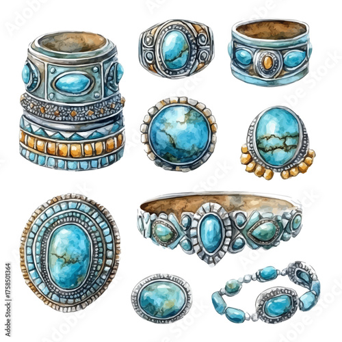 Native American Turquoise Jewelry, watercolor clipart vector, isolated on a white background.