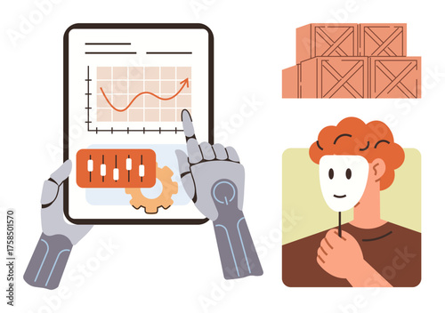 Robotic hands adjust data on a tablet, human holds a mask symbolizing identity, stacked boxes suggest logistics. Ideal for AI, automation, data insights, supply chain, identity, technology ethics