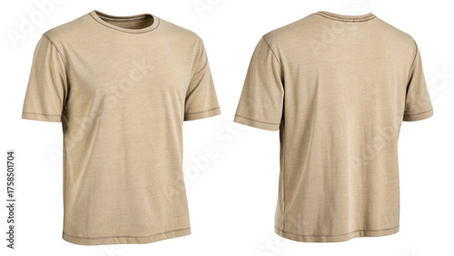 Front and back view of a tan t shirt isolated on transparent background