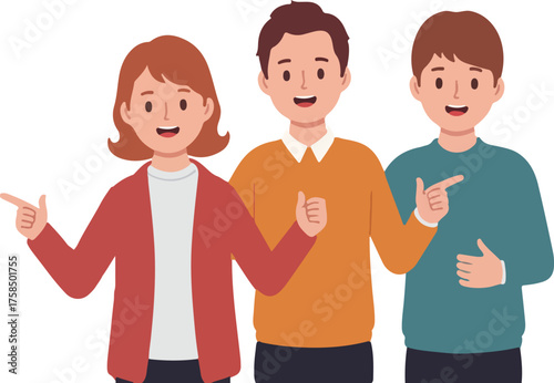 Group of Three Happy People Pointing and Showing Thumbs Up - Vector Cartoon Illustration, Teamwork, Recommendation, Customer Satisfaction, Young Professionals