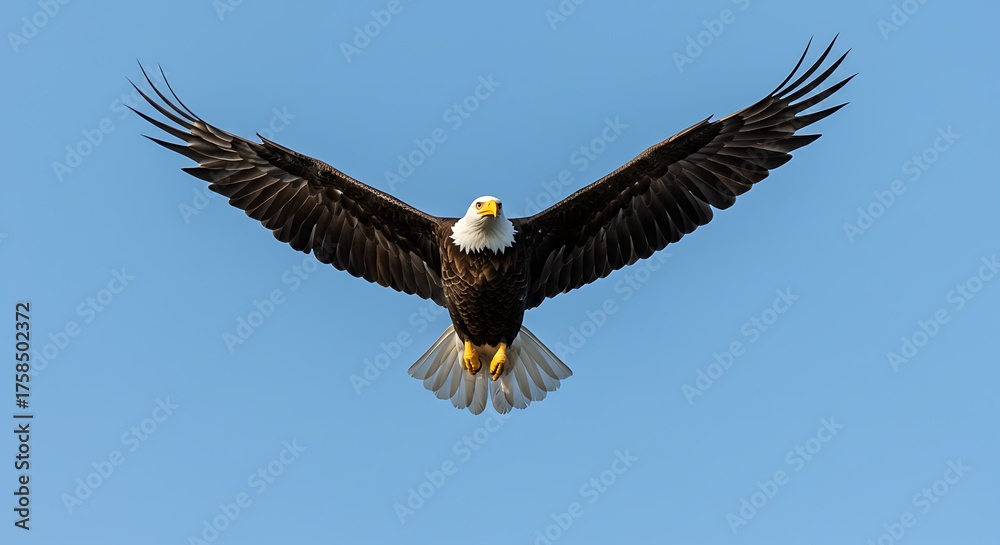 Fototapeta premium Majestic bald eagle soaring against clear blue sky with wings spread